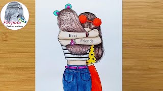 Best friends❤ Drawing Tutorial  step by step  How To Draw Two Friends Hugging Each other [upl. by Klemperer]