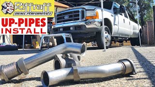 2001 F350 73  RiffRaff UpPipes Install  Stock up pipes leaking and falling apart JUNK SP [upl. by Aspasia333]