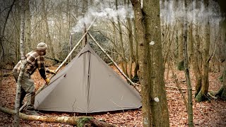 Solo Winter Hot Tent Camping  Tripod Suspended Teepee [upl. by Uzzia]